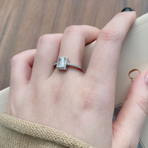 Anillo Halo de Plata de Ley S925 de Lujo Con Circonita Cúbica Rectangular Para Mujer Moda Abierto Ajustable Joyería