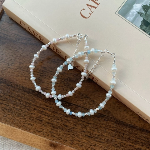 S925 Sterling Silver Freshwater Pearl Bracelet For Women Handmade Aquamarine Pink Opal Heart Charm Adjustable Jewelry