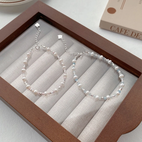 S925 Sterling Silver Freshwater Pearl Bracelet For Women Handmade Aquamarine Pink Opal Heart Charm Adjustable Jewelry