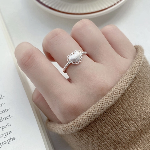Bague Ouverte Cœur Dépoli en Argent Sterling S925 pour Femme Dentelle Creuse Douce Bords Festonnés Bande Perlée Bijoux Ajustables Cadeau