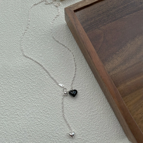 925 Sterling Silver Black Heart Agate Pendant Necklace Women Minimalist Adjustable Tassel Clavicle Chain Jewelry Gift