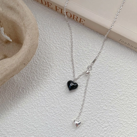 925 Sterling Silver Black Heart Agate Pendant Necklace Women Minimalist Adjustable Tassel Clavicle Chain Jewelry Gift
