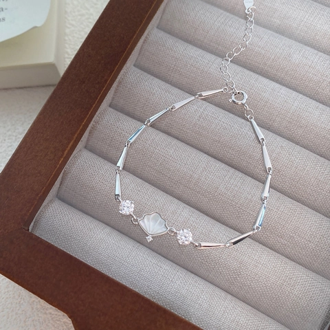 Elegantes 925 Sterlingsilber Bambus Muschel Armband Für Damen Minimalist Strass Verstellbar Mode Pendeln Schmuck