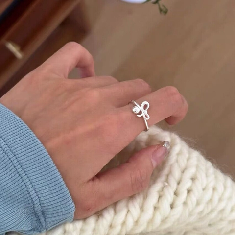 S925 Sterlingsilber Schleife Runde Perle Offener Ring Für Damen Minimalistisch Verstellbar Koreanischer Stil Einfacher Schmuck