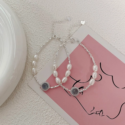Pulsera de Plata de Ley 925 con Perlas de Agua Dulce y Aguamarina Hecha a Mano para Mujer Joyería Elegante con Strass