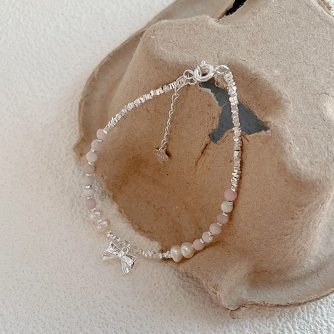 925 Sterling Silver Pink Opal Freshwater Pearl Bracelet Sweet Butterfly Knot Beaded Heart Pendant Adjustable Jewelry For Women