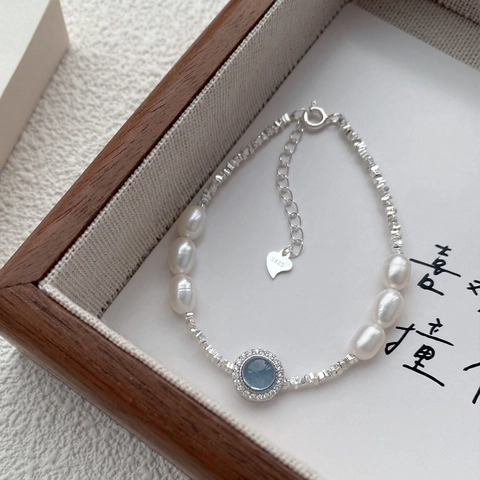 Pulsera de Plata de Ley 925 con Perlas de Agua Dulce y Aguamarina Hecha a Mano para Mujer Joyería Elegante con Strass