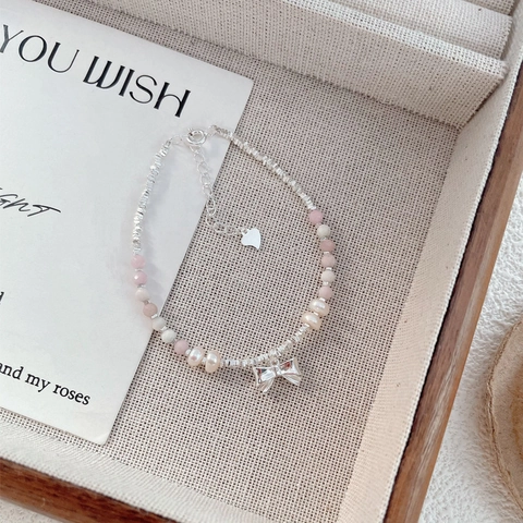 925 Sterling Silver Pink Opal Freshwater Pearl Bracelet Sweet Butterfly Knot Beaded Heart Pendant Adjustable Jewelry For Women