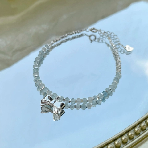 Zoete 925 Sterling Zilveren Aquamarijn Strik Armband Voor Dames Luxe Verstelbare Kralen Handketting Sieraden
