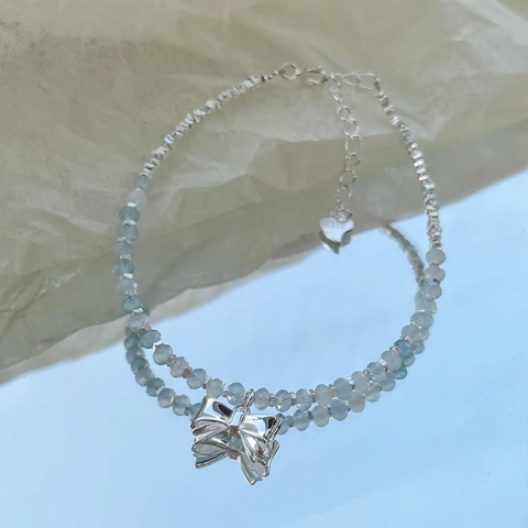 Zoete 925 Sterling Zilveren Aquamarijn Strik Armband Voor Dames Luxe Verstelbare Kralen Handketting Sieraden
