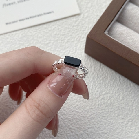 S925 Sterling Silver Black Onyx Geometric Square Open Ring Minimalist Vintage Cuban Link Chain Band Adjustable Ring Jewelry