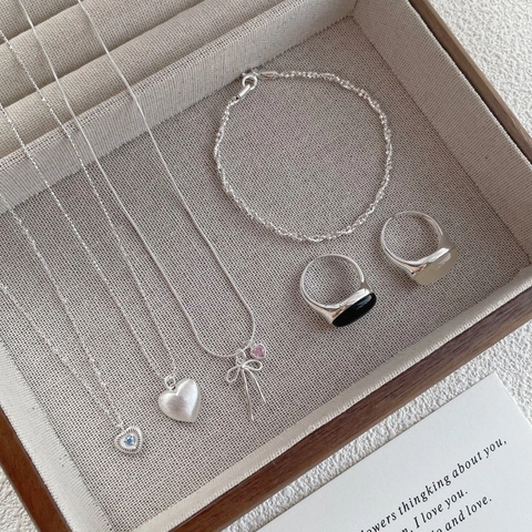 Eleganti Gioielli in Argento Sterling 925 Collana con Cuore di Zirconia Pietra Blu Bracciale Pendente Cuore Fiocco Anello Aperto Donna