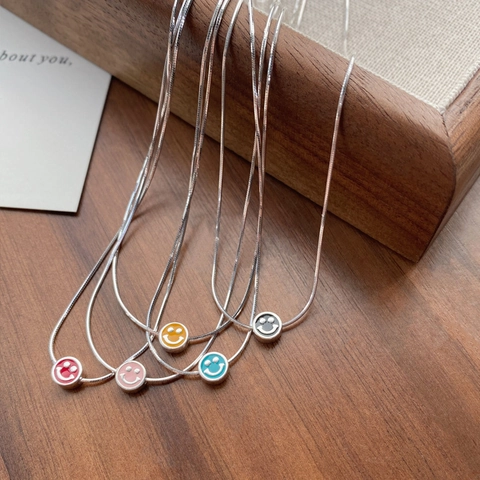 925 Sterling Silver Smiley Face Pendant Necklace For Women Colorful Enamel Round Snake Chain Minimalist Cute Jewelry Gift