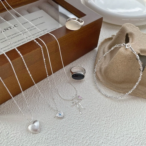 Eleganti Gioielli in Argento Sterling 925 Collana con Cuore di Zirconia Pietra Blu Bracciale Pendente Cuore Fiocco Anello Aperto Donna
