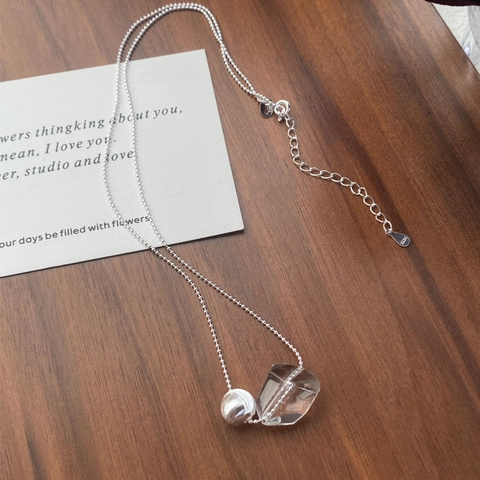 925 Sterling Silver Necklace With Irregular White Crystal Pendant Geometric Clear Stone Minimalist Round Bead Adjustable Chain Elegant Fashion Women Jewelry