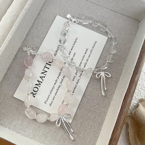 Süßes 925 Sterlingsilber Schleife Natur Rosenquarz Bergkristall Perlenarmband Für Damen Romantischer Modeschmuck Geschenk