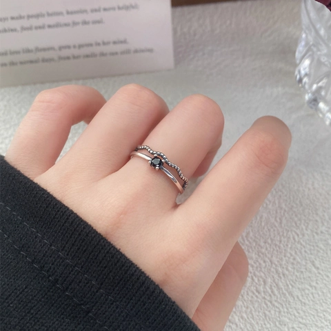 Vintage 925 Sterling Silver Double Layer Twisted Open Ring With Round Black Zirconia Minimalist Adjustable Finger Ring For Women Jewelry