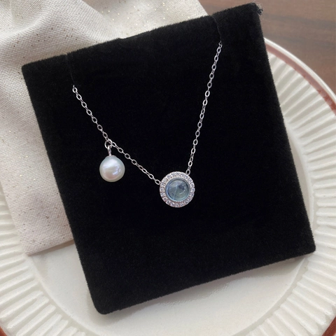Collier en Argent Sterling 925 Avec Perle d'Eau Douce et Pendentif Rond en Aigue-Marine Bleue Bijoux de Luxe Légers pour Femmes