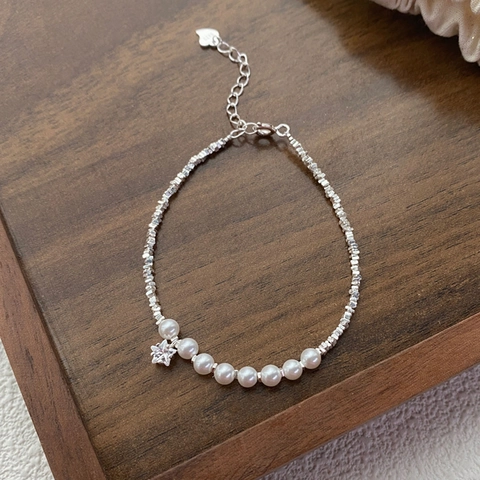 S925 Sterling Silver Star Artificial Pearl Bracelet Elegant Broken Silver Bead Adjustable Chain Zircon Pentagram Charm Women Jewelry