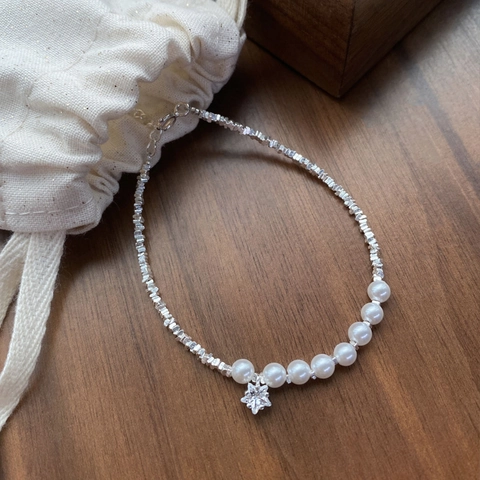 S925 Sterling Silver Star Artificial Pearl Bracelet Elegant Broken Silver Bead Adjustable Chain Zircon Pentagram Charm Women Jewelry