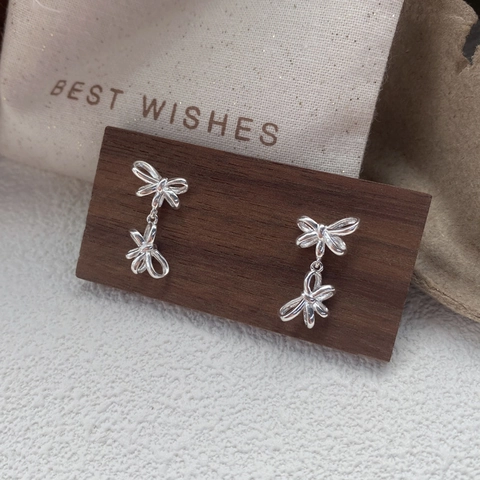 Boucles d'Oreilles Pendantes Double Nœud Papillon en Argent Sterling 925 Style Doux et Simple Bijoux de Mode Femme