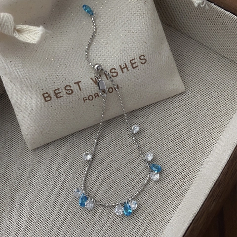 925 Sterling Silver Blue Zirconia Galaxy Bracelet For Women Minimalist Adjustable Sliding Chain Teardrop Pendant Jewelry