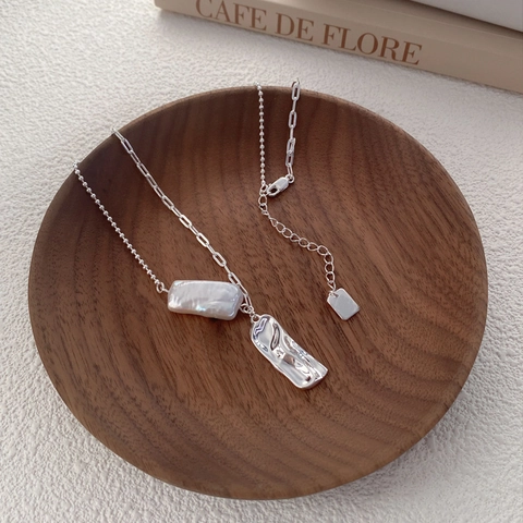 Collar de Plata de Ley 925 con Perla de Agua Dulce Barroca Colgante Cuadrado Geométrico Cadena de Retazos para Mujer