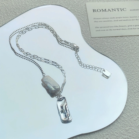 Collar de Plata de Ley 925 con Perla de Agua Dulce Barroca Colgante Cuadrado Geométrico Cadena de Retazos para Mujer