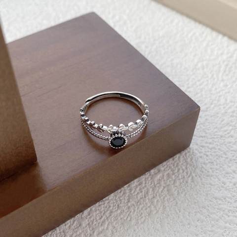 S925 Plata de Ley Anillo Espiga de Trigo Vintage Envejecido Doble Capa Ajustable Negro Zirconia Anillo para Mujer Joyería