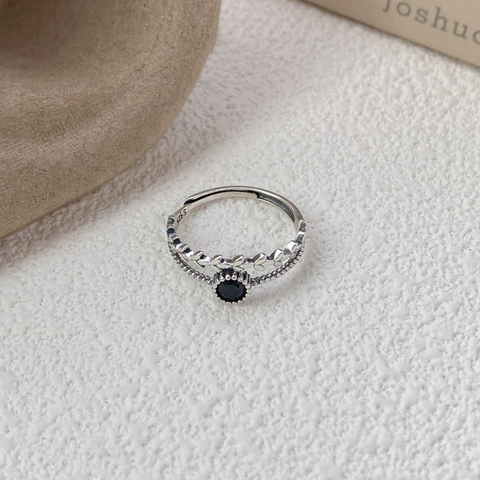 S925 Plata de Ley Anillo Espiga de Trigo Vintage Envejecido Doble Capa Ajustable Negro Zirconia Anillo para Mujer Joyería