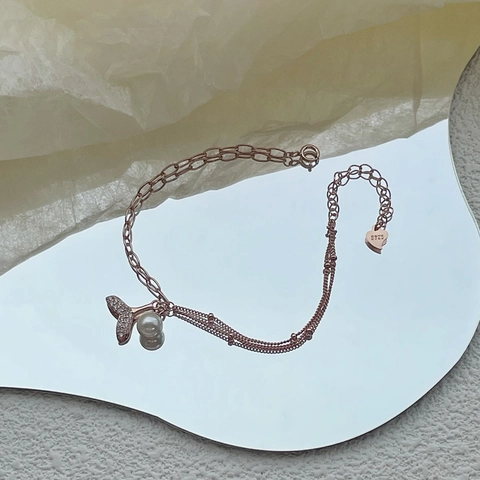 Pulsera de Cola de Pez de Plata 925 Perla Artificial Diamantes de Imitación Incrustados Joyería de Moda Dulce y Delicada para Mujer Regalo