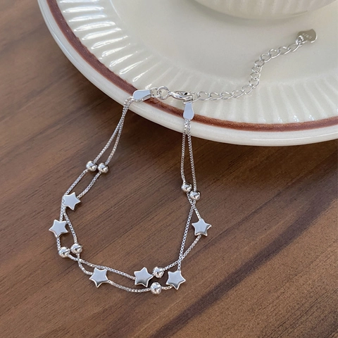 925 Sterling Silber Stern Doppelschicht Armband Elegant Poliert Pentagramm Anhänger Perle Kette Armband Für Damen Schmuck