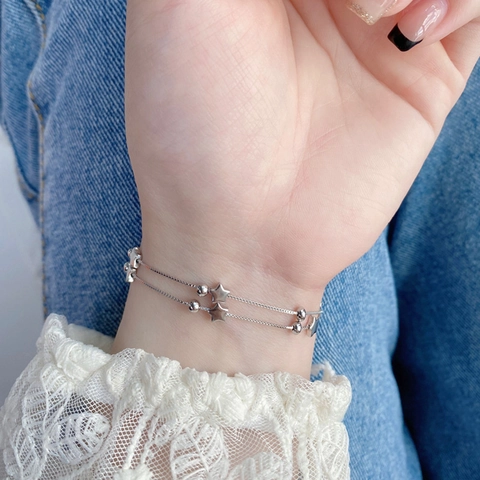 925 Sterling Silber Stern Doppelschicht Armband Elegant Poliert Pentagramm Anhänger Perle Kette Armband Für Damen Schmuck
