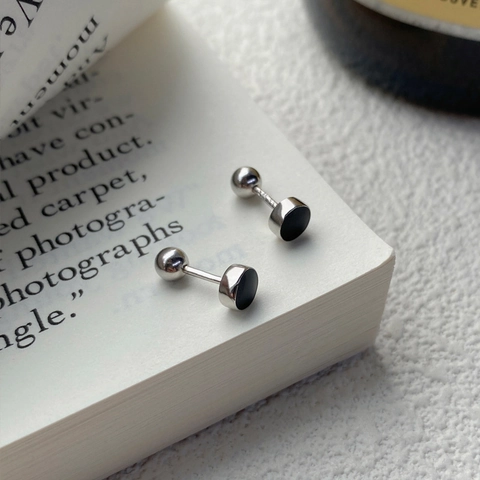 S999 Sterlingsilber Schwarz Emaille Rund Ohrstecker Minimalistisch Geometrisch Schraubverschluss Ohrringe Unisex Täglicher Schmuck