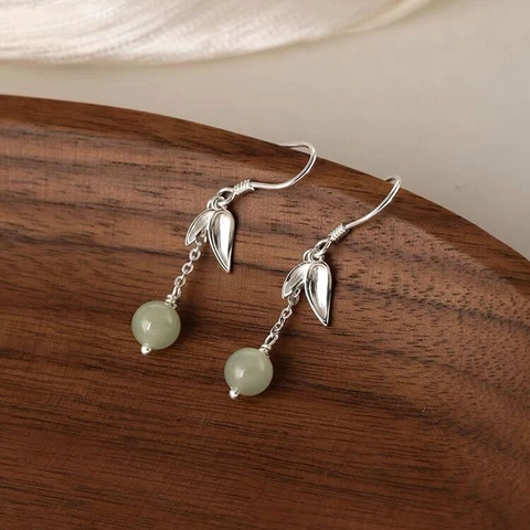 Orecchini a Goccia in Argento Sterling 925 Stile Cinese Con Foglia di Bambù e Giada Nefrite Gioielli Orientali Eleganti Regalo per Donna