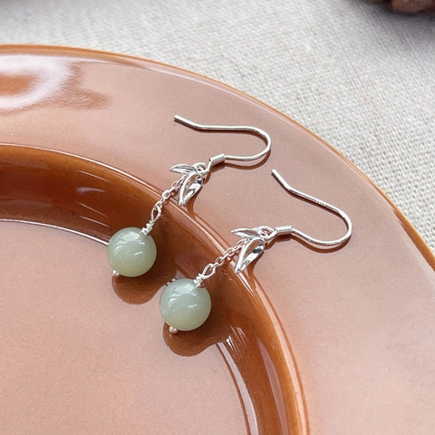 Orecchini a Goccia in Argento Sterling 925 Stile Cinese Con Foglia di Bambù e Giada Nefrite Gioielli Orientali Eleganti Regalo per Donna