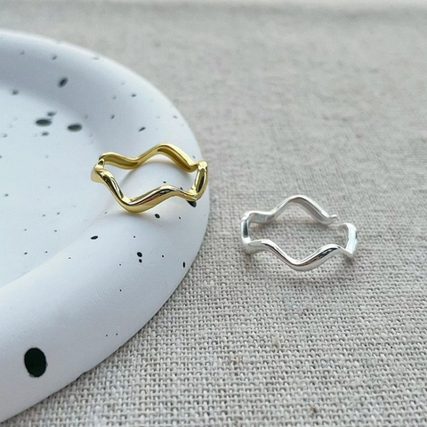 925 Sterling Silver Wave Pattern Open Ring Minimalist Adjustable Finger Ring For Women Fashion Jewelry Accessories Gold Silver
