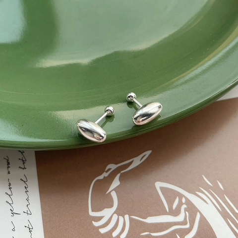 Orecchini a Bottone in Argento Sterling 925 a Forma di Fagiolo Ovale Minimalisti per Donna Semplici Lucidati con Sfera a Vite