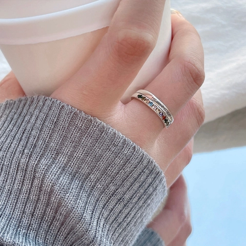 Anillo Abierto de Plata de Ley 925 para Mujer Minimalista de Doble Capa Con Strass de Colores y Letra Heureusement Anillo Vintage Ajustable Joyería