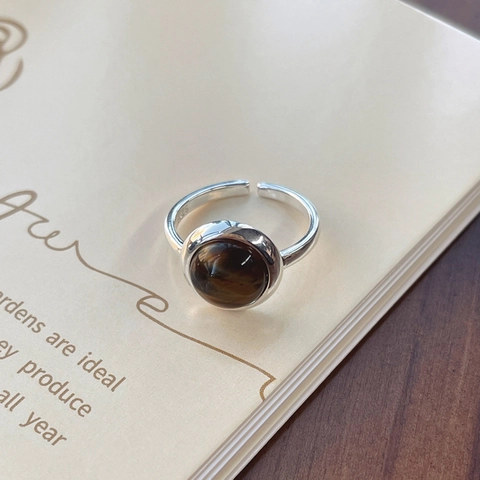 Anello Vintage In Argento Sterling 925 Per Donna Regolabile Aperto Tondo Marrone Pietra Occhio Di Tigre Gioielli