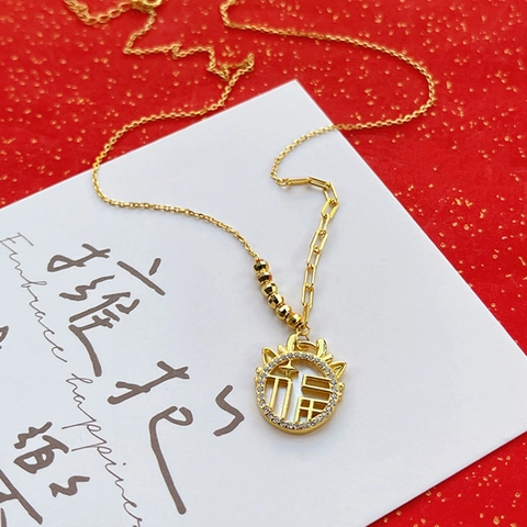 925 Sterling Silber Drache Halskette Perlmutt Fu Anhänger Zirkonia Eingelegt Asymmetrische Kette Damen Neujahr Schmuck