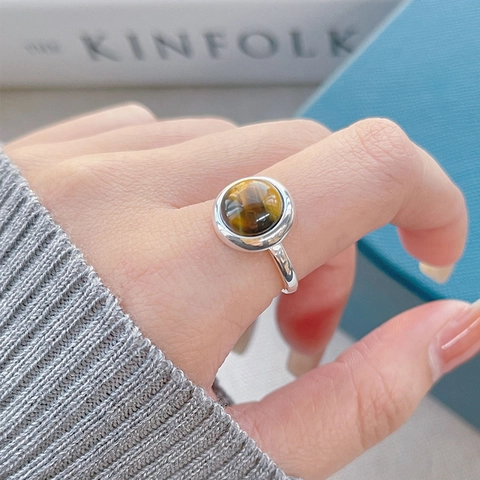 Anello Vintage In Argento Sterling 925 Per Donna Regolabile Aperto Tondo Marrone Pietra Occhio Di Tigre Gioielli