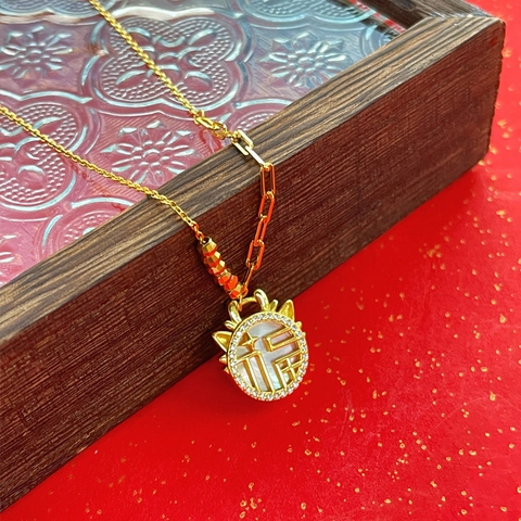 925 Sterling Silber Drache Halskette Perlmutt Fu Anhänger Zirkonia Eingelegt Asymmetrische Kette Damen Neujahr Schmuck