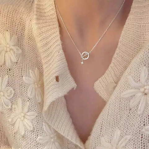 Collar de Plata de Ley S925 con Colgante de Planeta y Estrella Elegante Cadena de Clavícula de Zircón Joyería Minimalista Regalo para Mujer
