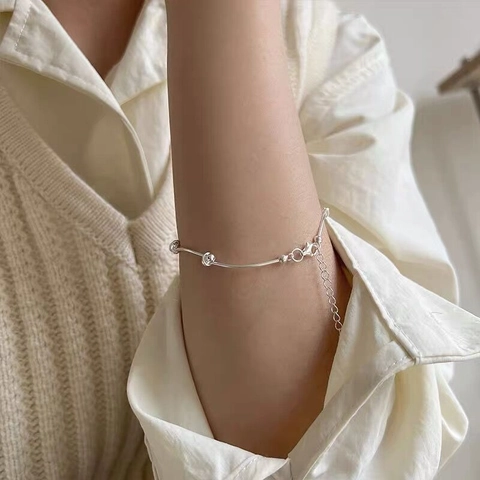 Minimalistisch 925 Sterlingsilber Bohnenknoten Armband Für Damen Elegant Geometrisch Stabperlenkette Verstellbares Armband