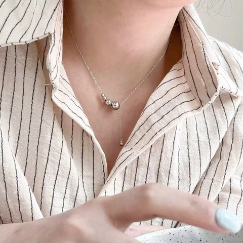 925 Sterling Silver Necklace Gradient Round Beads Y-Shaped Tassel Minimalist Clavicle Chain Women Elegant Jewelry