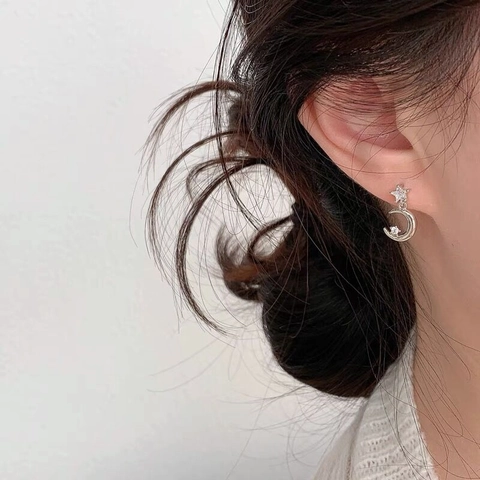 Orecchini a Bottone S925 Argento Sterling Stella Luna Minimalista Zirconia Orecchini Asimmetrici per Donna Gioielli di Lusso Leggero