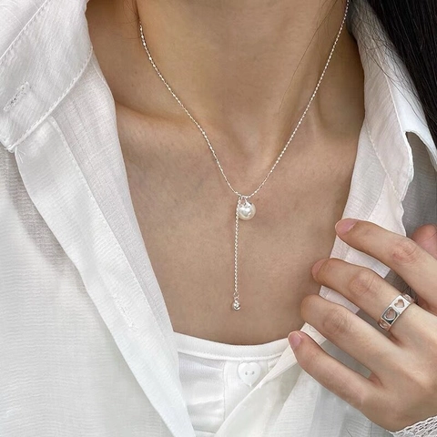 925 Sterling Silver Artificial Pearl Tassel Y-Shaped Necklace For Women Elegant Minimalist Polished Silver Bead Chain Jewelry Gift