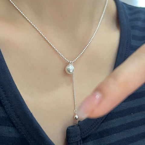 925 Sterling Silver Artificial Pearl Tassel Y-Shaped Necklace For Women Elegant Minimalist Polished Silver Bead Chain Jewelry Gift