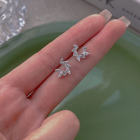 S925 Sterling Zilveren Korenaar Oorknopjes Voor Vrouwen Blad Bloem Tak Vorm Strass Ingelegde Elegante Sieraden Cadeau